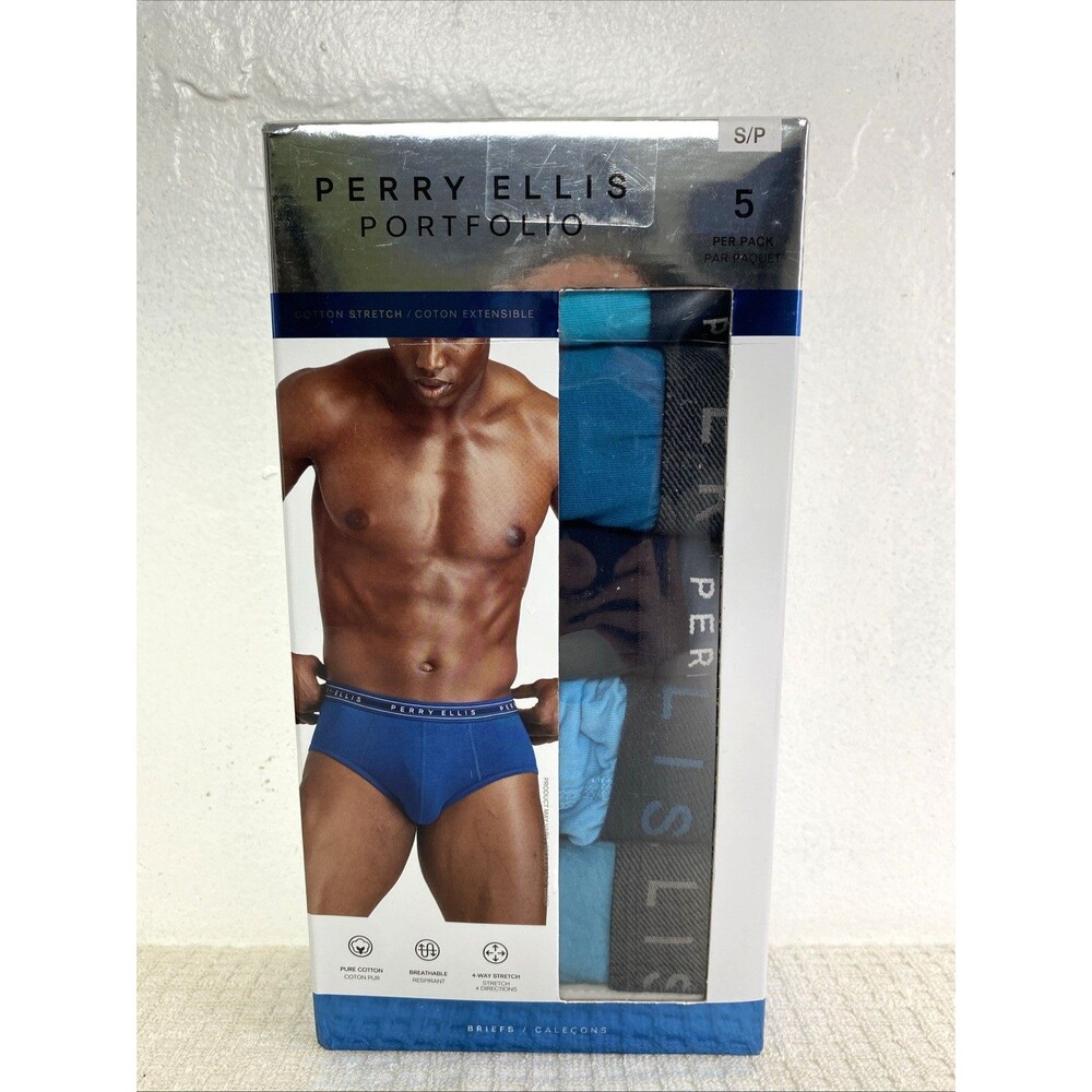 Perry Ellis Portfolio Boxer Briefs Mens Size S Pur Cotton 5-Pack Underwear Blue